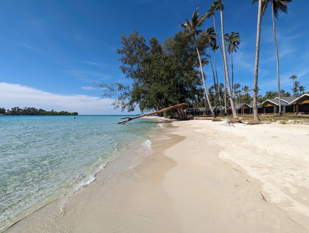 Traumstrand auf Koh Kood mit einem Baum im Hintergrund, weißem Sand und türkisfarbenem Wasser